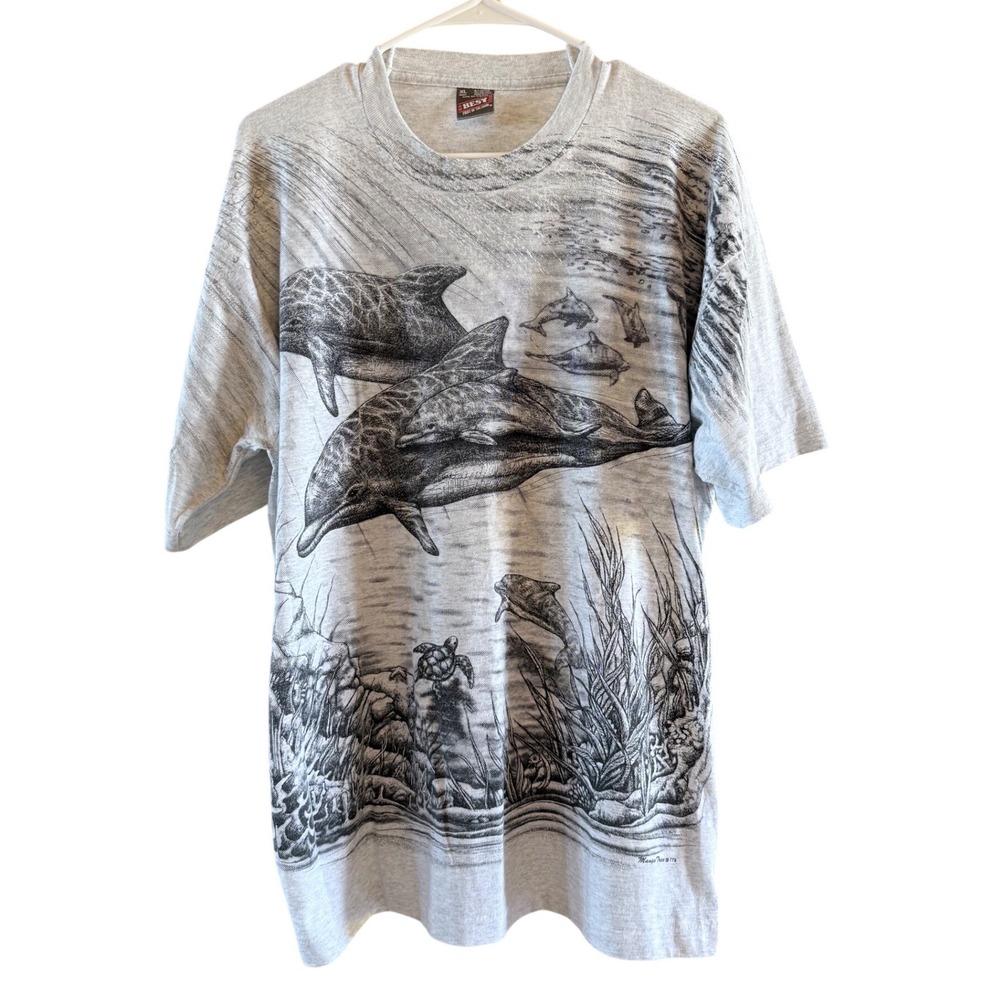 Vintage XL Full Graphic T Shirt Dolphins Sea Turtles Beefy Hanes Crewneck Tee